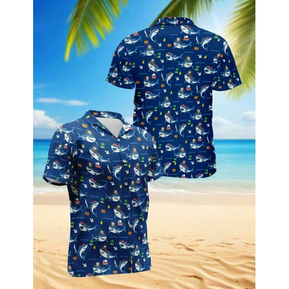 Shark Pirates Hawaiian Shirt for Men, Retro Style, Button Down Summer Beach Short Sleeve, S-5XL