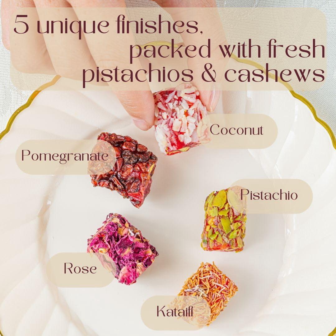 Zaitoune Turkish Delight Mix (Lokum), Pomegranate, Pistachio, Kataifi, Rose & Coconut, Individually Wrapped, 250g