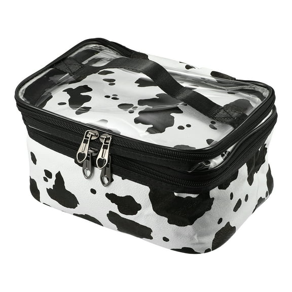 Unique Bargains Double Layer Makeup Bag Cosmetic Bags Organizer Bag Cows Texture White