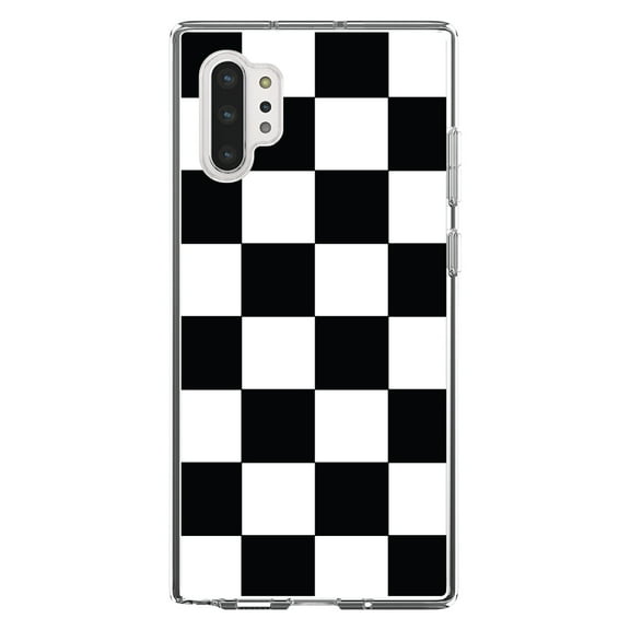 DistinctInk Clear Shockproof Hybrid Case for Galaxy Note 10 PLUS (6.8" Screen) - TPU Bumper, Acrylic Back, Tempered Glass Screen Protector - Black White Checkered Flag Geometric - Checkered Pattern