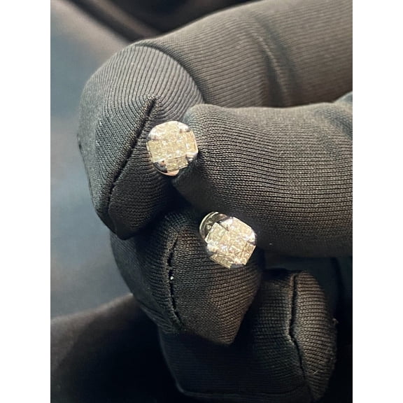 Pave 0.80 Cts Princess Cut Natural Real Diamonds Stud Earrings In Hallmark 14K White Gold