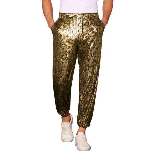 INSPIRE CHIC Metallic Jogger Pants for Men's Contrast Color Drawstring Waist Disco Party Trousers Golden 30