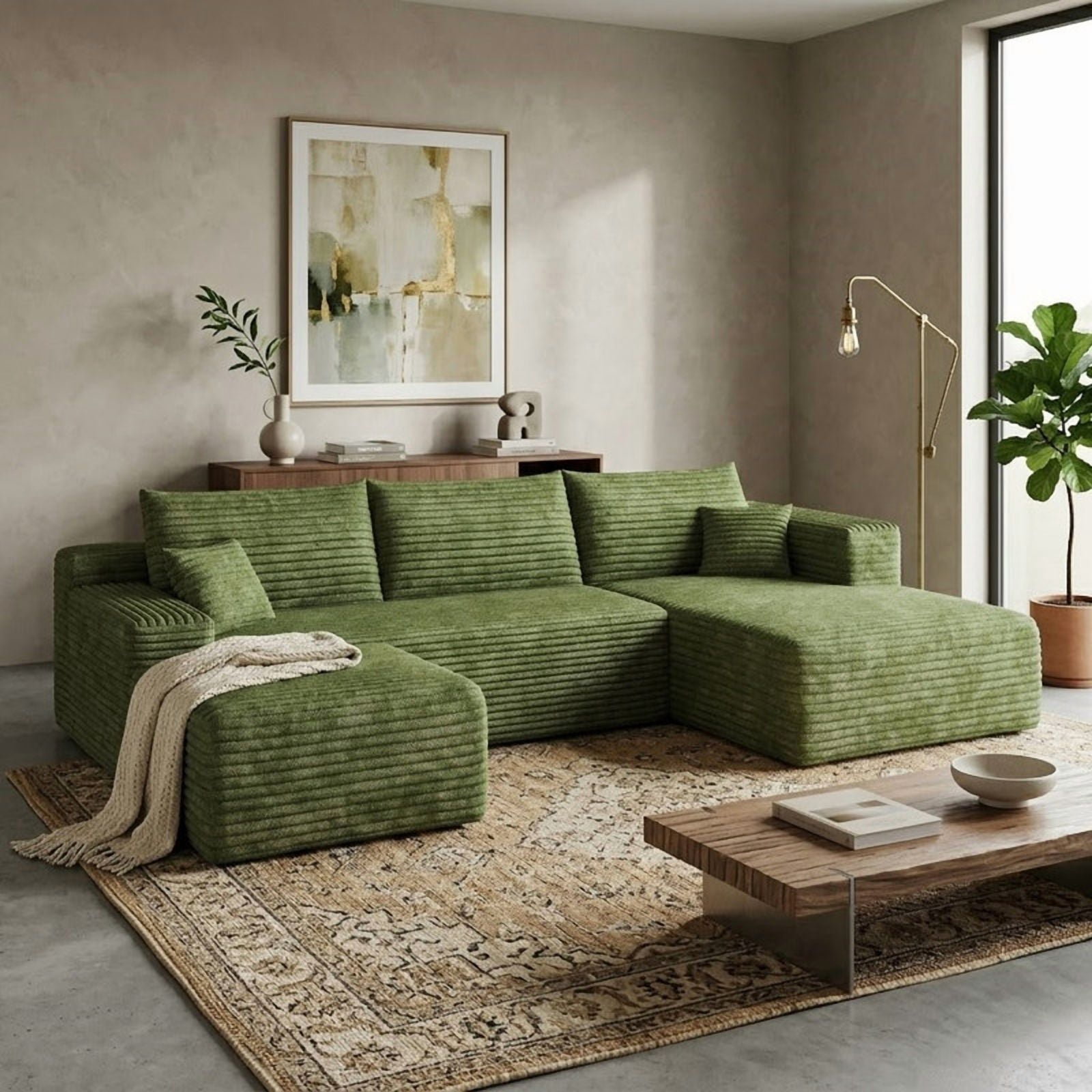 103" U Shaped Cloud Sectional Sofa with Ottoman, Modern Modular Corduroy Fabric Couch with Deep Seat and Chaise, Minimalist Upholstered Corner Sofa for Living Room, Apartment, No Assembly Required