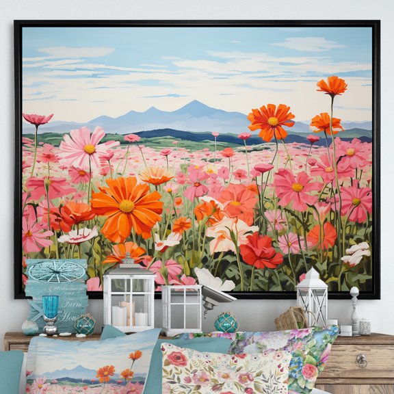 Designart "Mountain'S Zinnias Charms I" Zinnias Floater Framed Canvas Prints