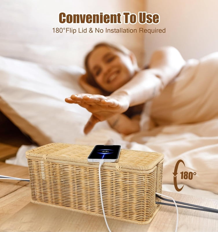 Handmade Cable Management Box, Durable Rattan Cable Organizer With Lid, 2 Open Slots Cords Hider Box, Under Desk Cord Organizer for TV Computer Usb Hub To Hide Power Strips & Cords-12.2" L*4.9" W