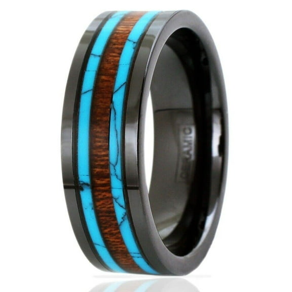 Tungsten Rings for Men Wedding Bands for Him Womens Wedding Bands for Her 8mm Hi-Tech Ceramic Hawaiian Koa Wood and Turquoise Wedding Band
