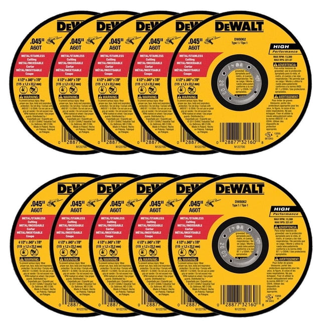 Disco de corte DEWALT DW8062 para amoladora angular de metal, 4.5 pulgadas, paquete de 10