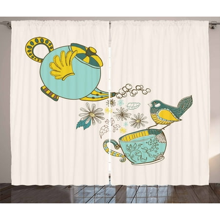 Tea Curtains 2 Panels Set Bird Drinking Winged Teapot Alice In