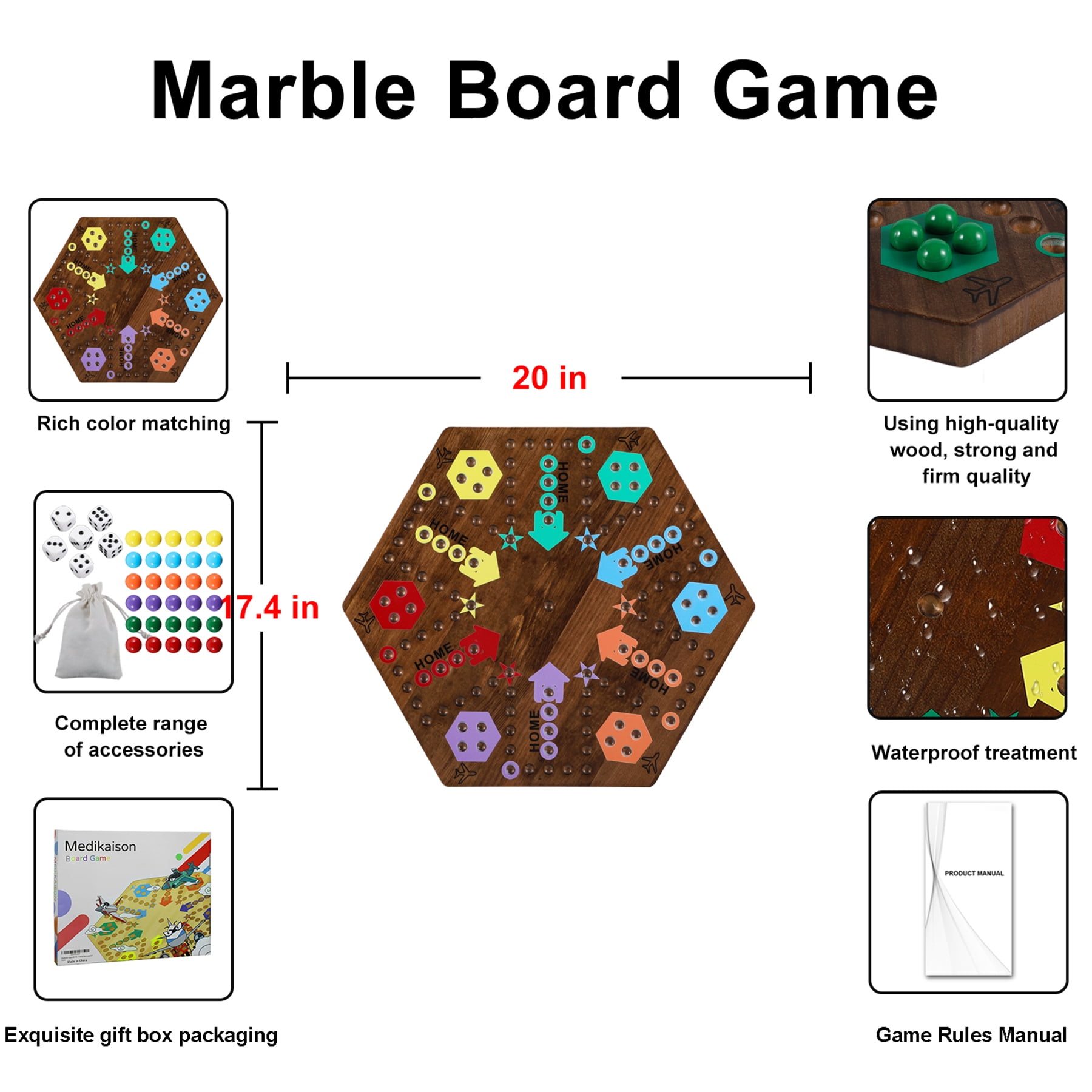 Wahoo Marble Board Game 2-Sided Wooden Aggravation 4-6 Player Family Party Game 20 Inch