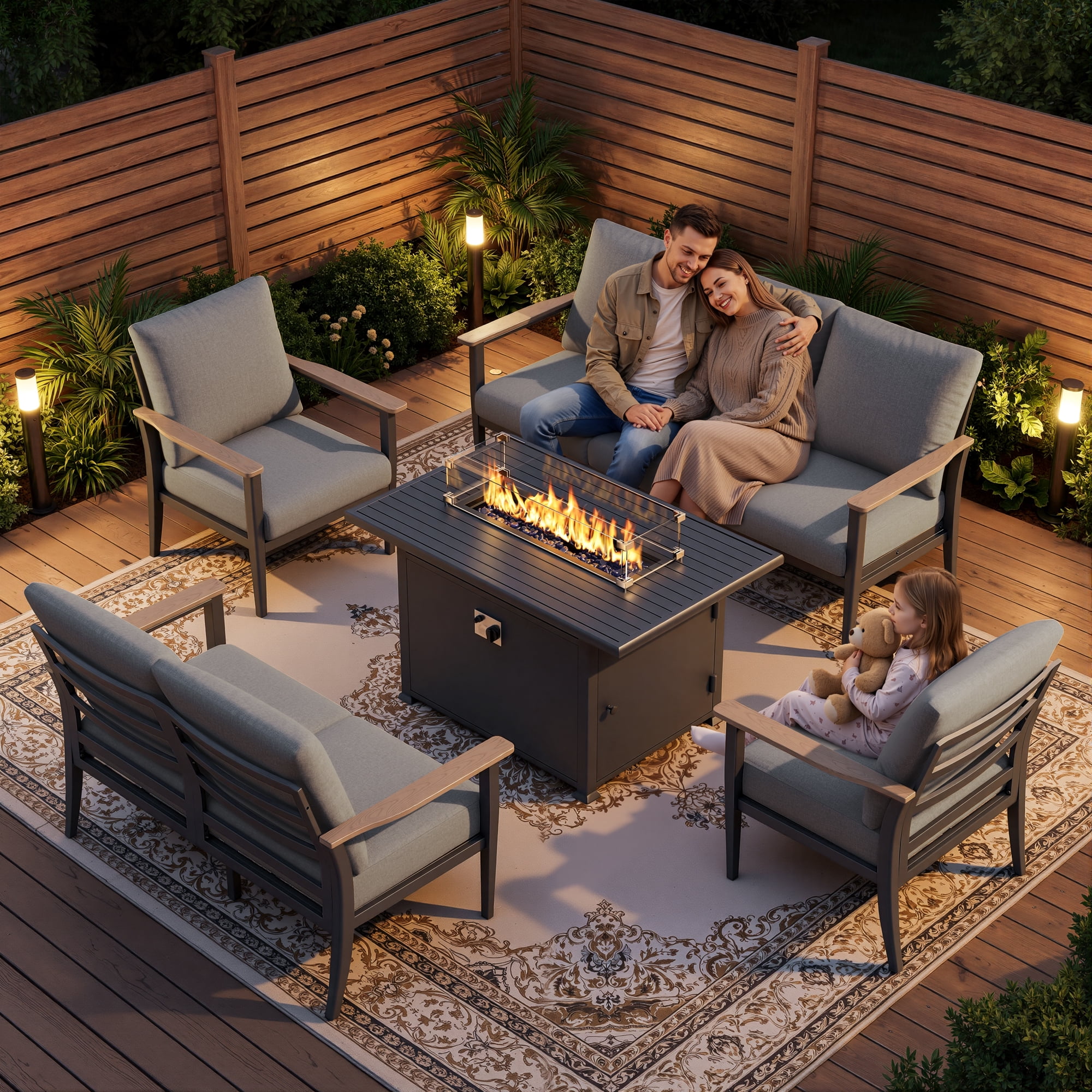 Muphyers 5 Piece Aluminum Patio Furniture Set, with 55000 BTU Propane Fire Pit Table, 5.1" Thick Cushions, Outdoor Conversation Sofa Set for Backyard Garden Deck,Gray