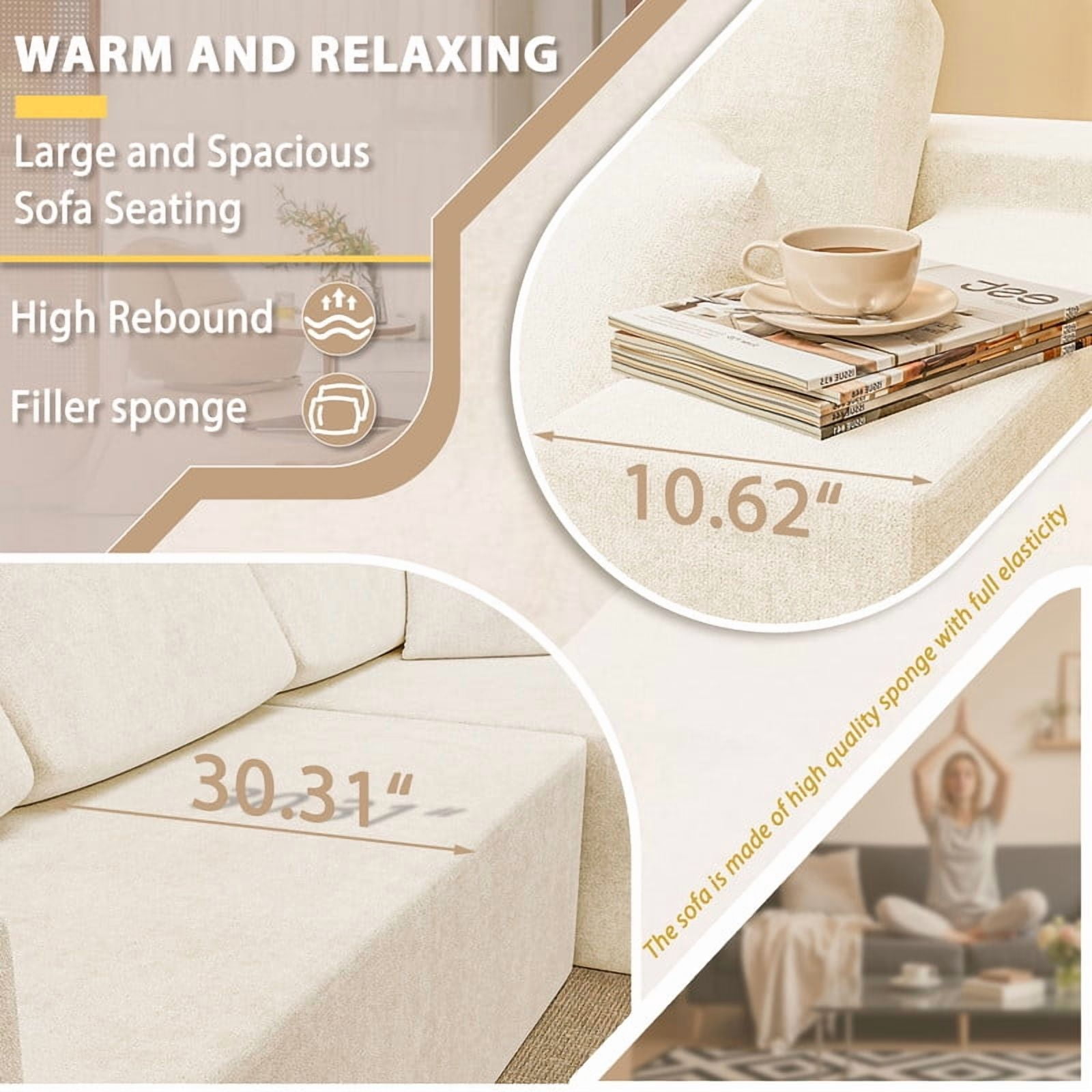 Homall 108" Cloud Sectional Sofa, Boneless Couch with L-Shape Chaise, Modular Couch with Deep Seat, No installation for Living Room & Apartment, Chenille Beige