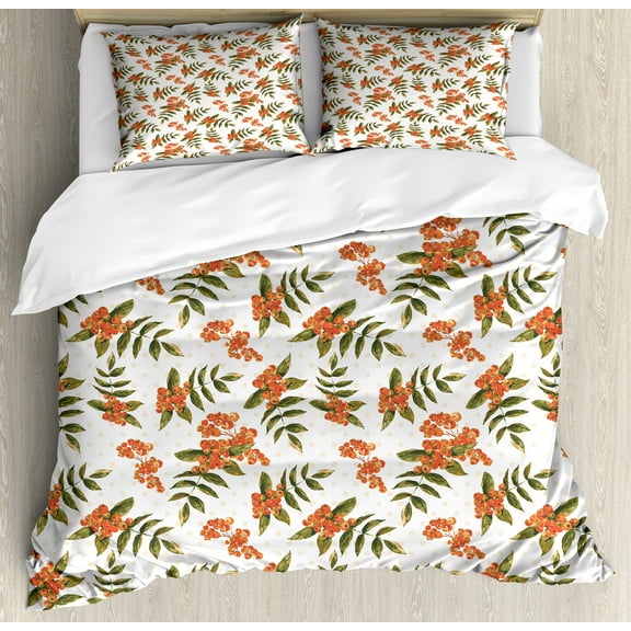 Rowan Duvet Cover Set, Botanical Foliage Nature Pattern with Berries on Soft Pink Dots, Decorative 3 Piece Bedding Set with 2 Pillow Shams, King Size, Dark Green Pale Pink, by Ambesonne