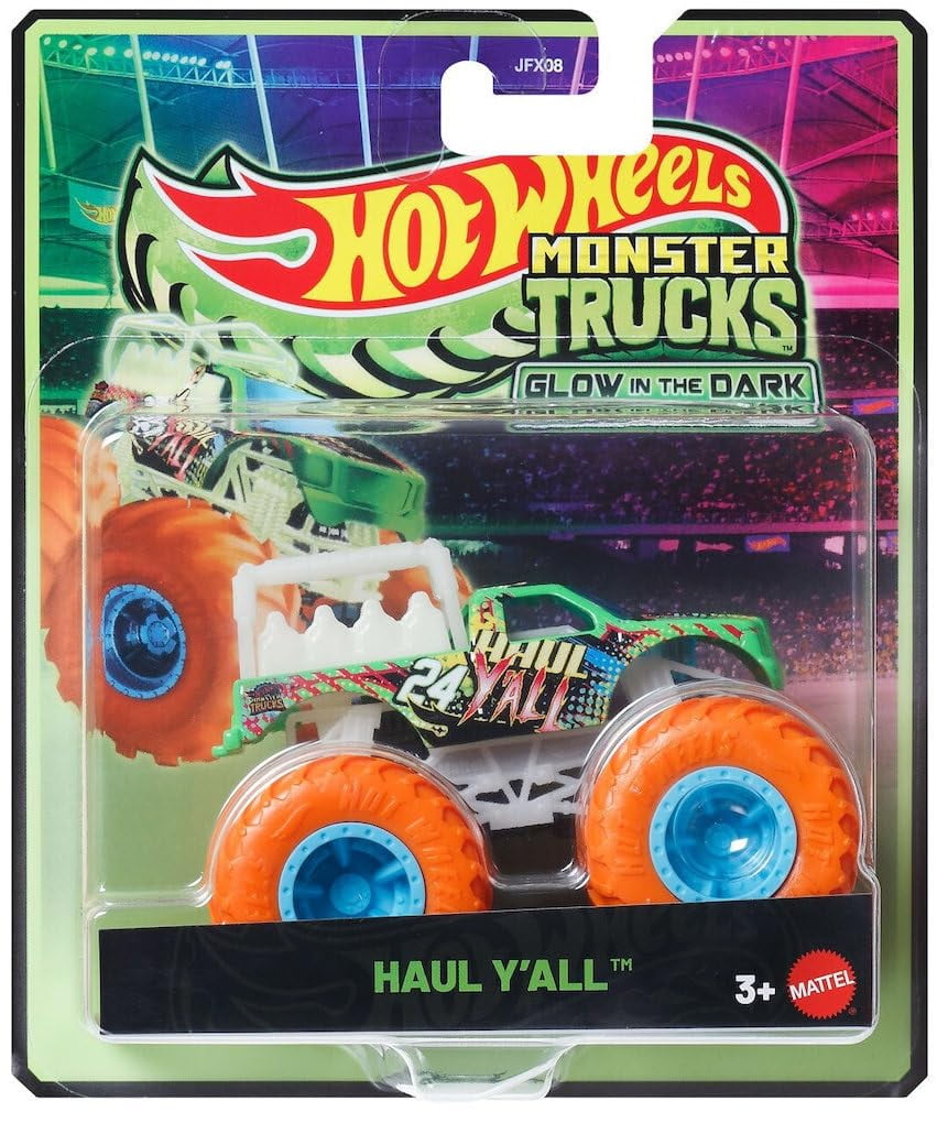Hot Wheels Monster Trucks Glow in The Dark Collection, 5-Pack Set, Podium Crasher, Shark Wreak, Haul Y'all, Twin Mill, Night Shifter, Ages 3+ JFX08-979D