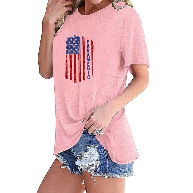 Pntutb Hauts Grande Taille Liquidation T-Shirt à Manches Courtes à Col Rond pour Femmes avec Imprimé de Drapeau à la Mode Rabais