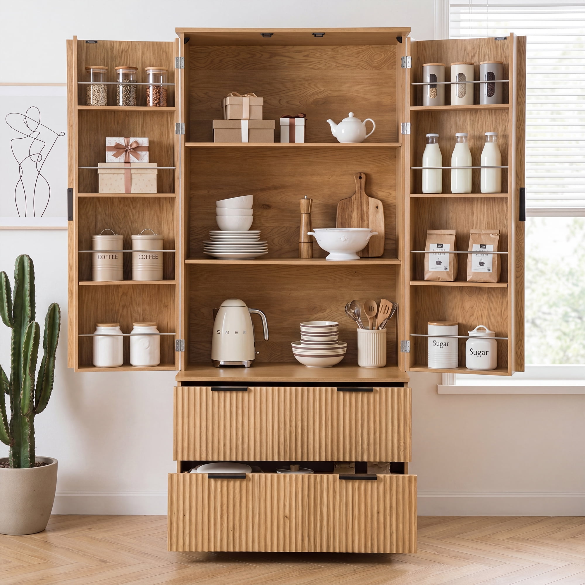 Howcool 72"H Fluted Kitchen Pantry Cabinet,Freestanding Storage Organizer with 2 Large Drawers,8-Door Spice Racks & Adjustable Shelves for Kitchen,Dining Room,Bathroom,Entryway,Oak