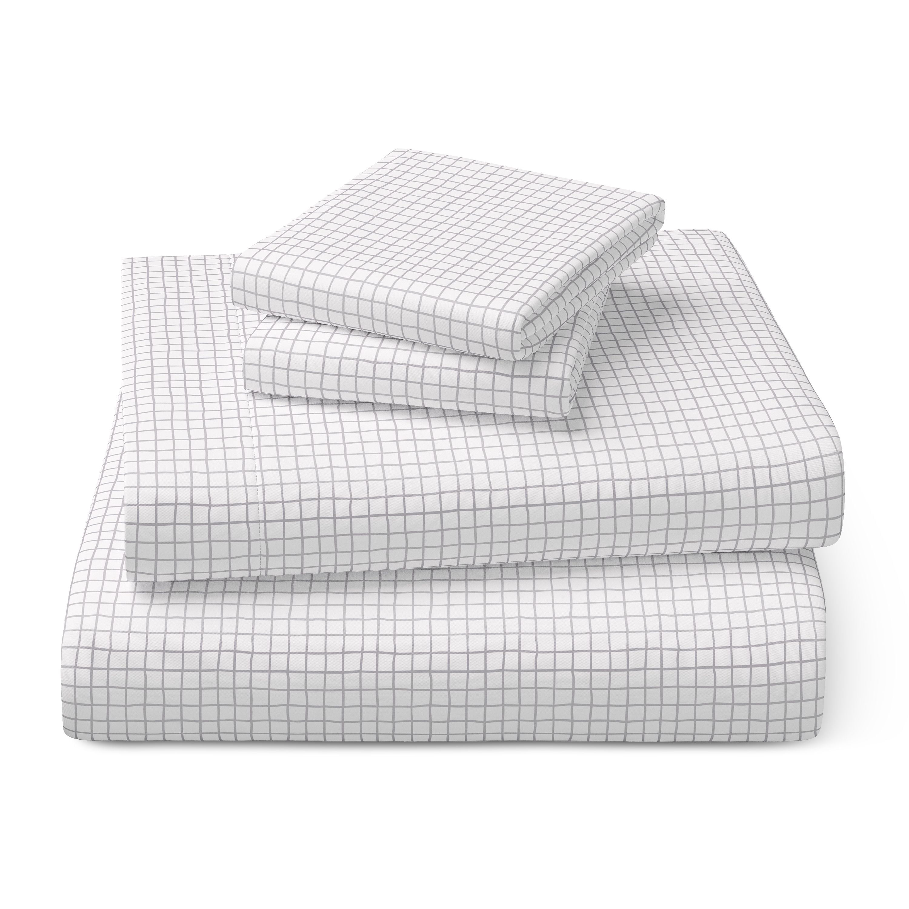 Mainstays Kids Microfiber Bed Sheet Set, Full, White Grid, 4 Pieces