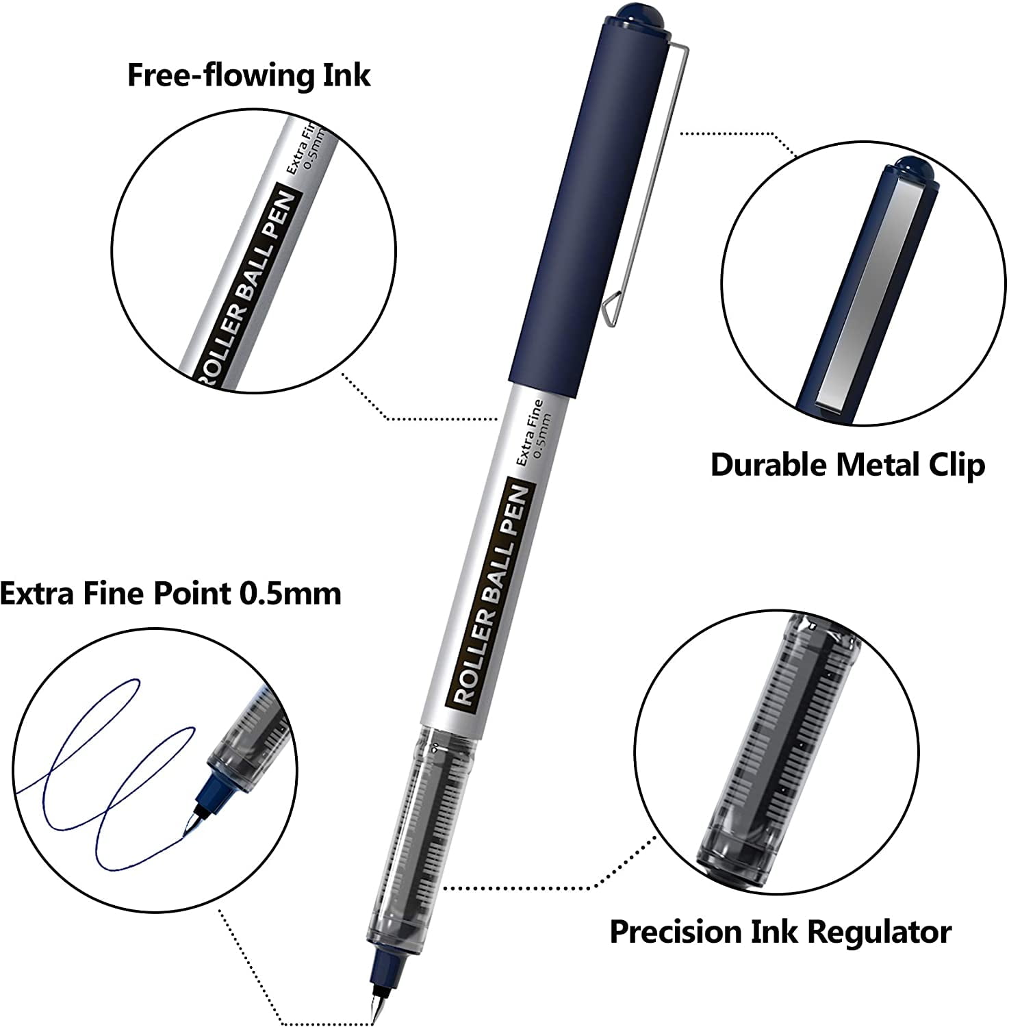 RollerBall Pens, Shuttle Art 25 Pack Blue Fine Point Roller Ball Pens, 0.5mm Liquid Ink Pens for Writing Journaling Taking Notes Office