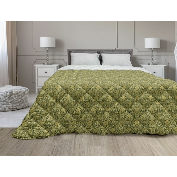 Spring Down Alternative Comforter, Fresh Lemon Slices with Leaves Background Soft Fruit Summer Tasteful Design, Microfiber Quilt for All Season, 5 Sizes, Yellow Fern Green, by Ambesonne