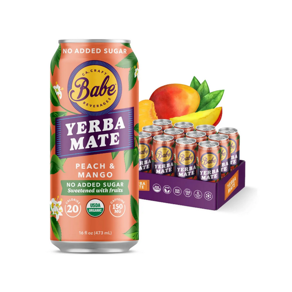 Babe Yerba Mate, Natural Energy Drink Alternative, Organic Peach Mango, 16oz (Pack of 12), 150mg Caffeine