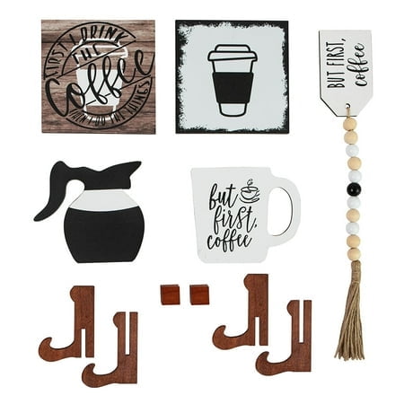 Coffee Bar Decoration Logo Farmhouse Layered Tray Decoration Coffee Wood Logo Mini Coffee Cup Wood Pearl Ring Rural Layered Tray Kitchen Table Tier Tray Ornament Two Tie Trays Kitchen Sign Coffee Tray