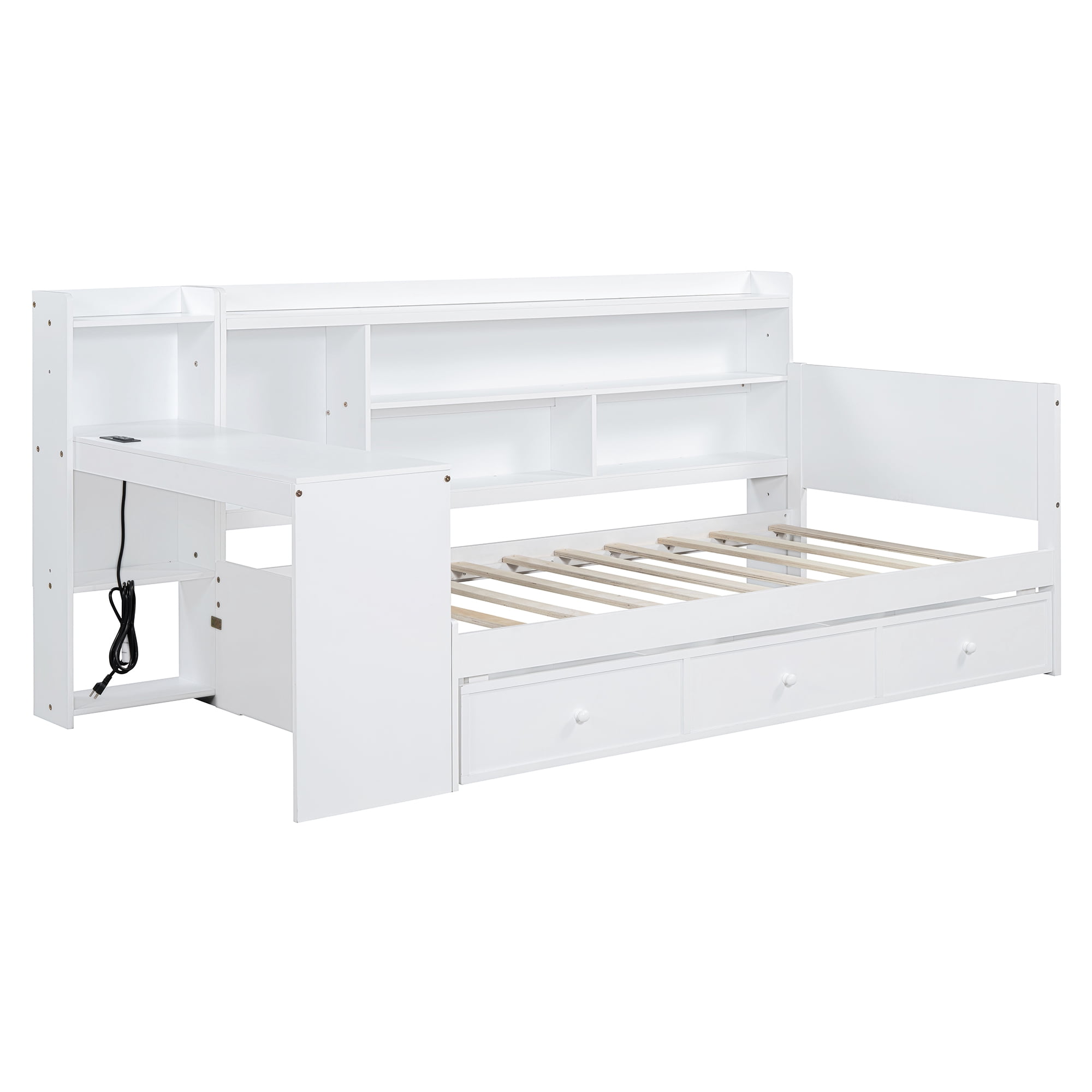 Mintazer Twin Platform Bed with Desk & Charging Ports, Wooden Bed Frame with Storage Shelves & 3 Drawers for Bedroom Playroom Guest Room, White