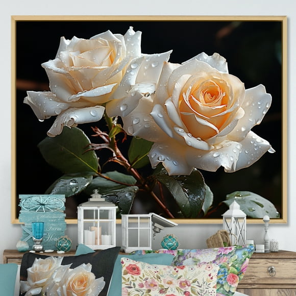 Designart White Modern Natural framed wall art, Roses framed wall Art, White Roses love expression I , Roses framed wall art decor, 44x34 inches Natural brown color Frame
