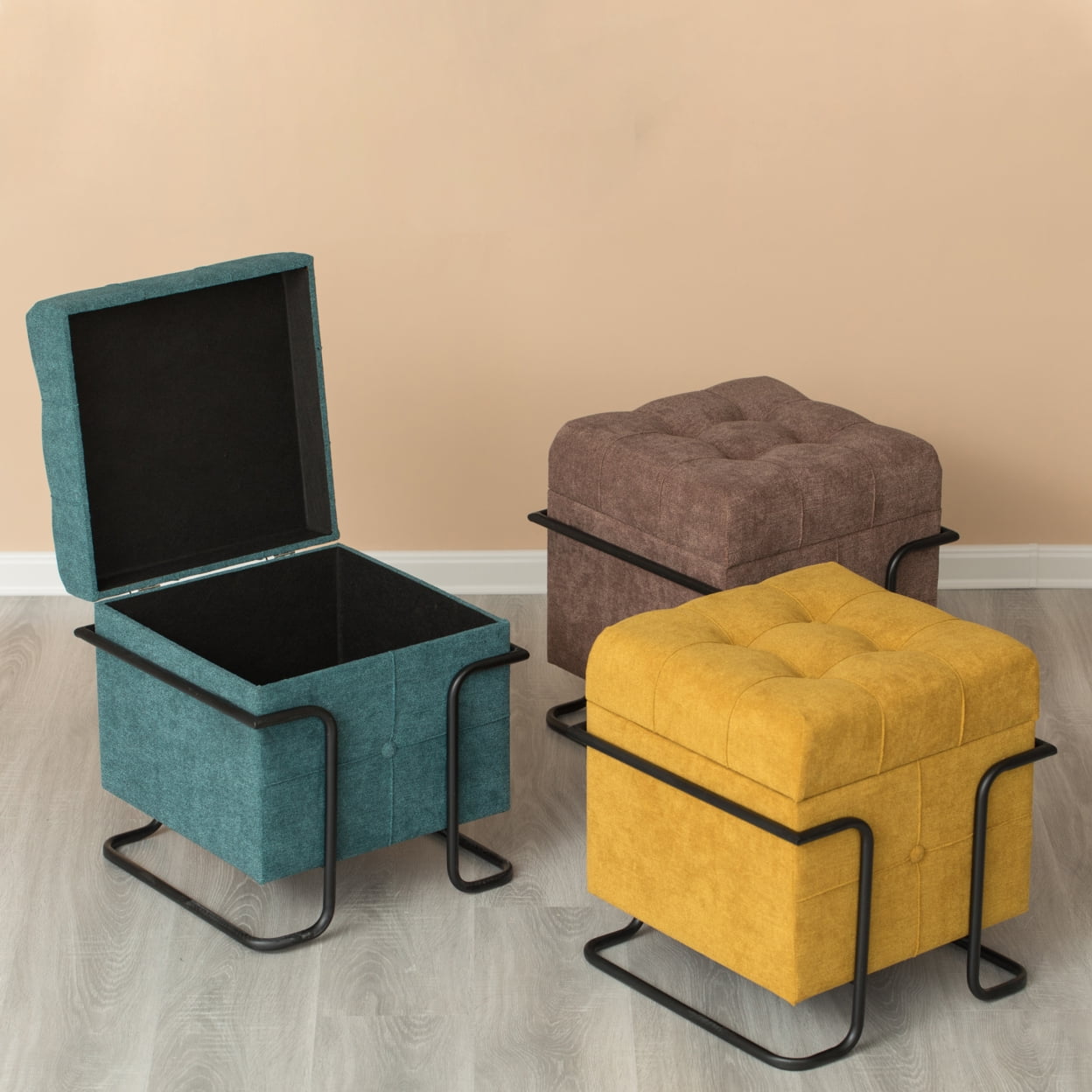 Square Fabric Storage Ottoman with Black Metal Frame