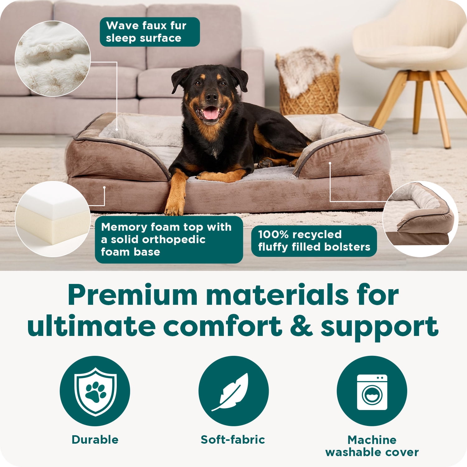 FurHaven Perfect Comfort Sofa Orthopedic Dog Bed for Large Dogs, Memory-Top Foam with a Solid Orthopedic Foam Base for Joint Support, Removable Washable Cover, Jumbo XL, Plush & Velvet, Brownstone