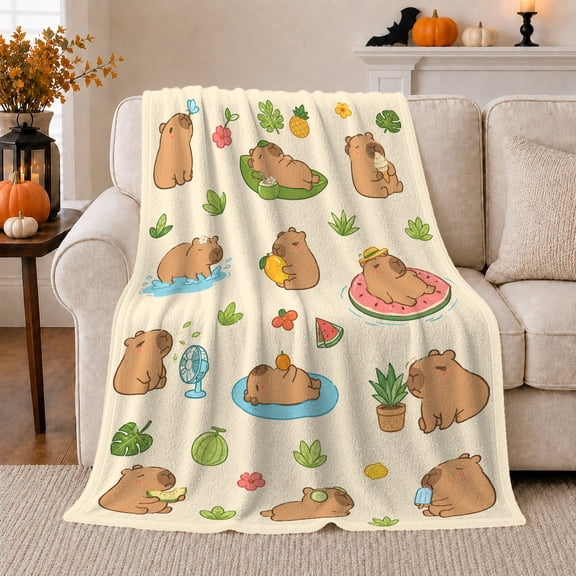 Cheerful Tropical Capybara Pattern Playful, Playful Coastal Landscape Scene, Warm Flannel Blanket for Beach House and Living Room, Beach Lovers Housewarming Gift, Coastal Home Decor