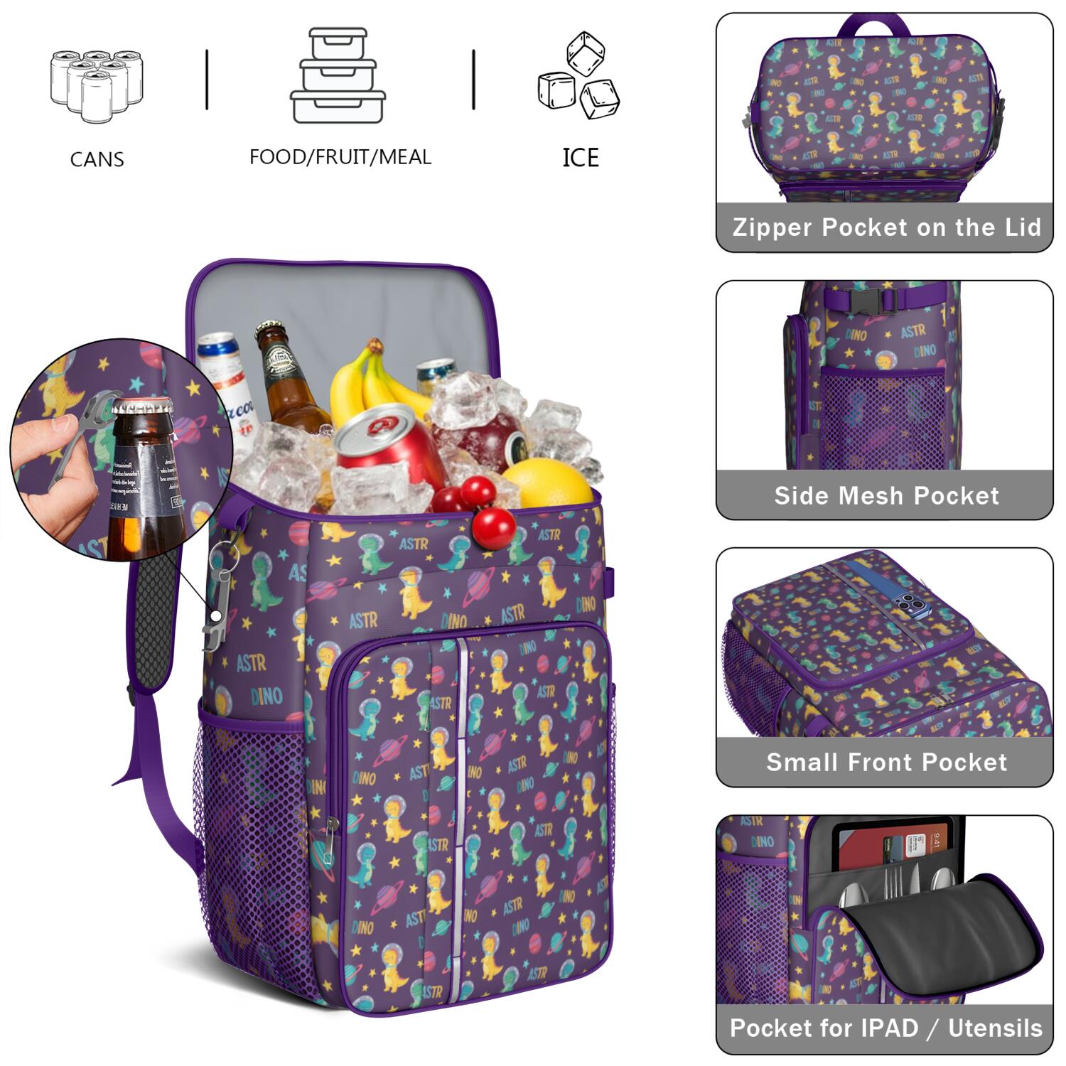 Travel Cooler Bag - Purple Cartoon Dinosaurs Planets Stars Pattern Camping Beer Cooler Backpack with Bottle Opener- Waterproof Insulated Picnic Backpacks - Cooler Bag for Beach