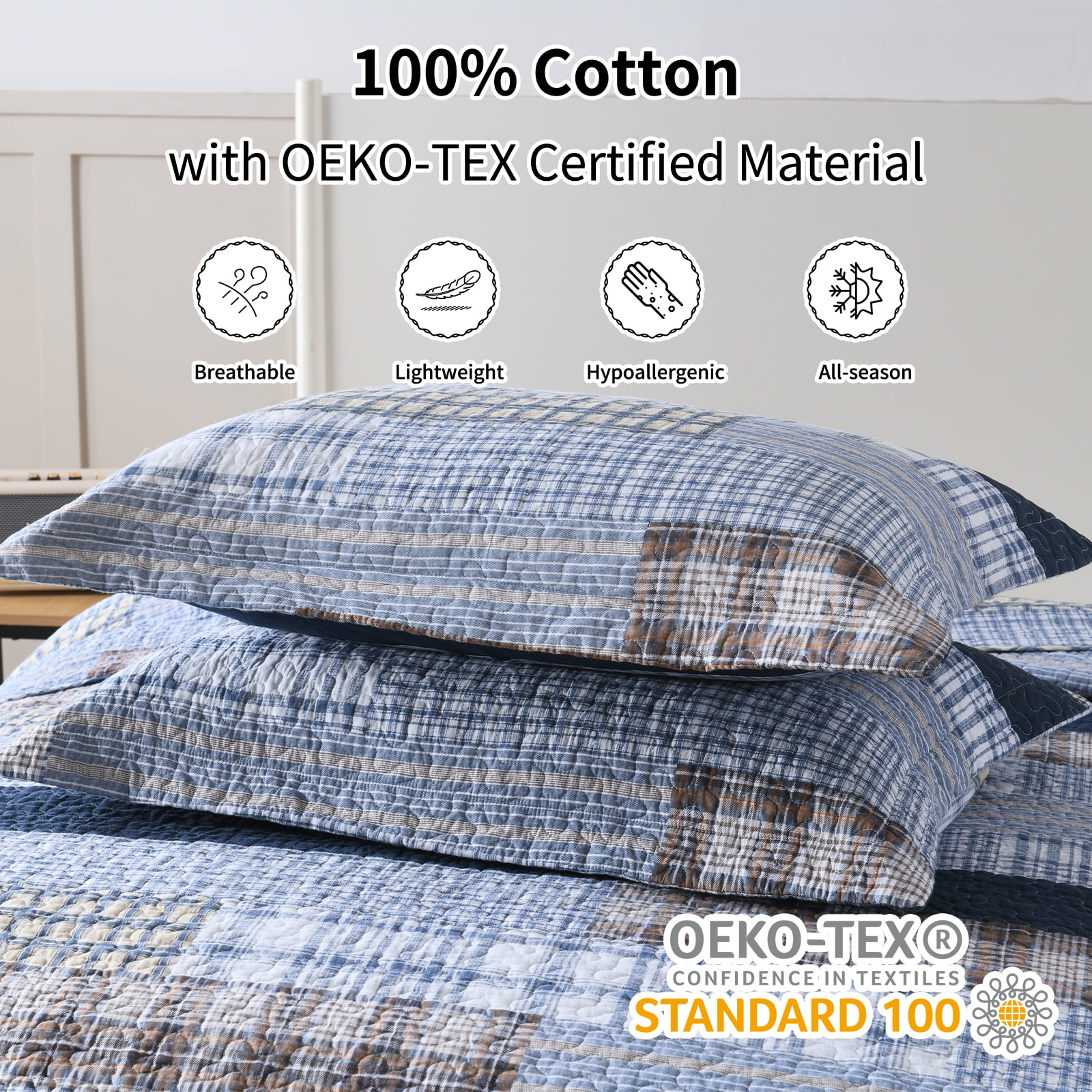 Bedduvit Navy Blue Cotton Quilt Queen - 100% Cotton Patchwork Plaid Striped Quilts for Queen Beds, Lightweight Reversible Modern Farmhouse Bedspread Quilt Set, 3-Piece All-Season Quilt Bedding Set
