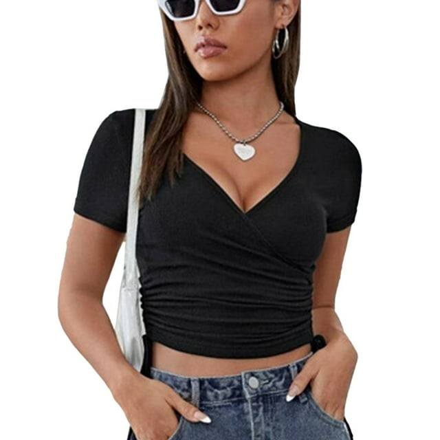 Blusa negra con cuello en V y cordón, corte ajustado, mangas cortas, detalle lateral, talla M Summer Chic