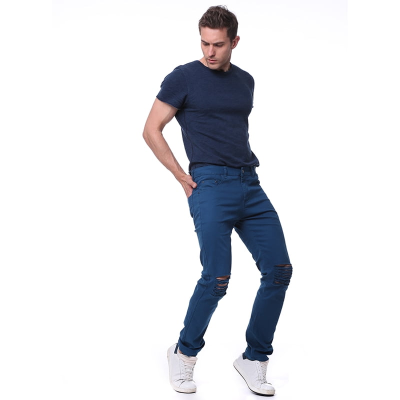 men's slim fit black stretch destroyed ripped skinny denim jeans