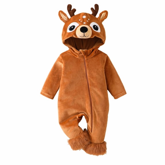 Cjfdfy Newborn Baby Animal Reindeer Costume, Plush Long Sleeve Hooded Jumpsuit, Cute Infant Halloween Snowsuit Halloween Holiday Outfit Baby Animal Costumes Unisex 1-24Months