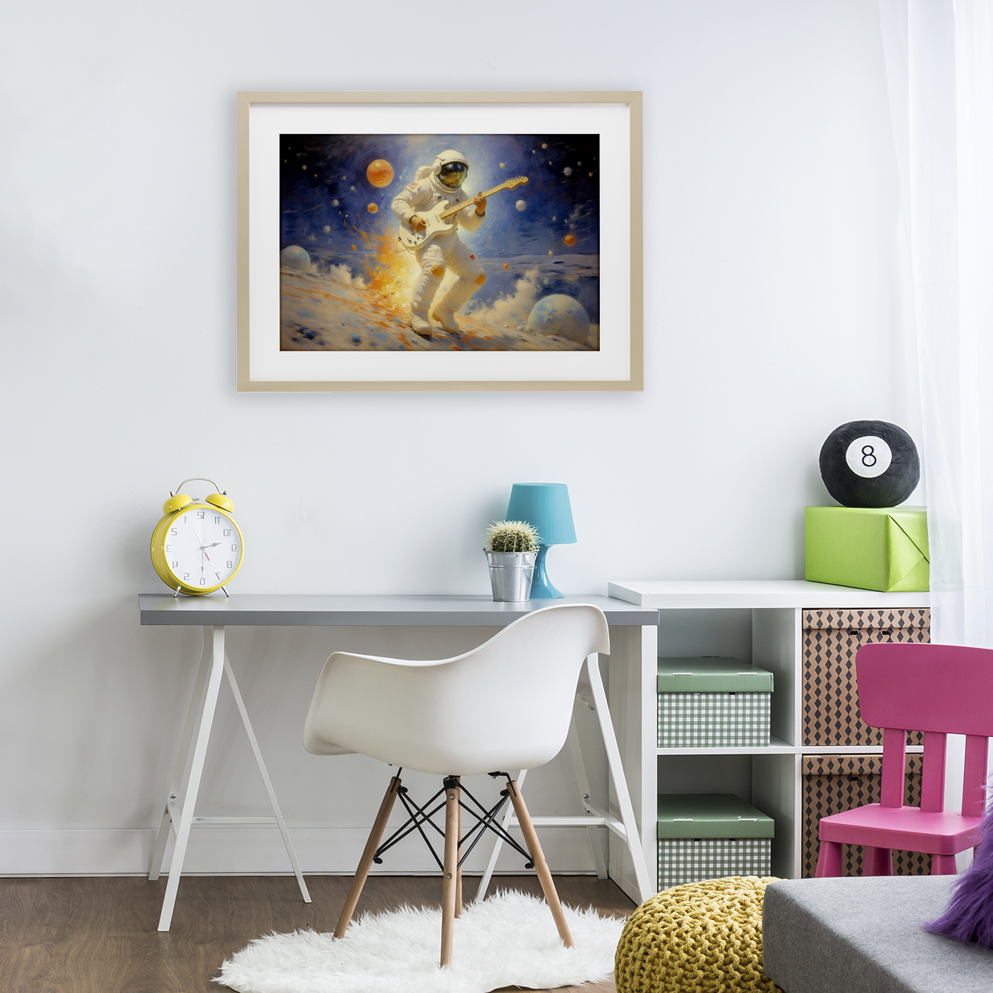 Space Astronaut Musician Birch Framed Print Under Glass, design by Angie Hawke
