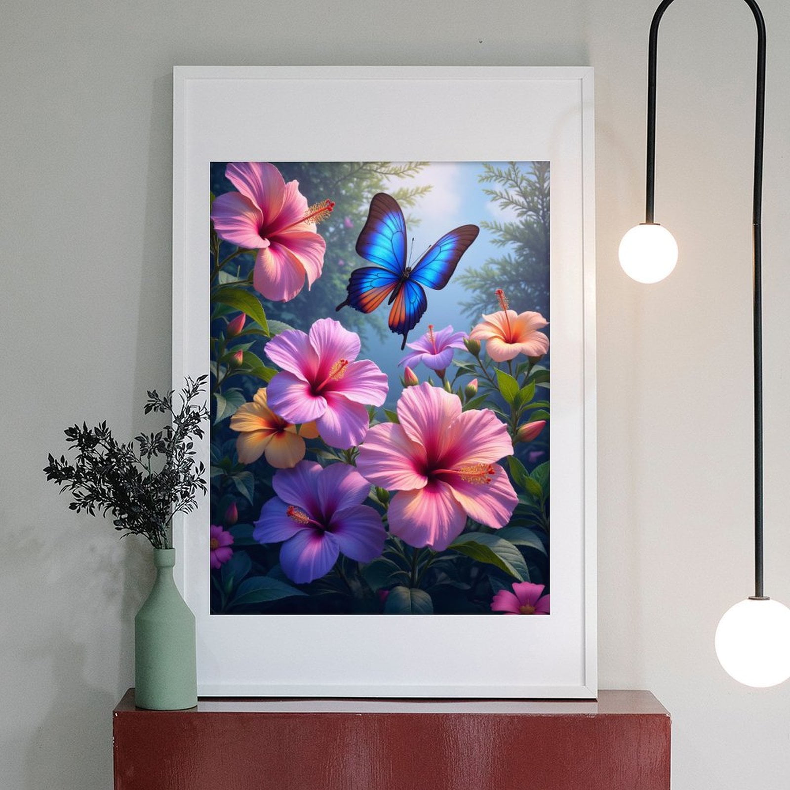 Diamond Art Kit for Adults, Blue Butterfly Pink Hibiscus Garden Diamond Painting for Adults Beginners, DIY Diamond Art Painting Kits, 5D Diamond Painting Crafts for Home Decor 12x16 Frameless