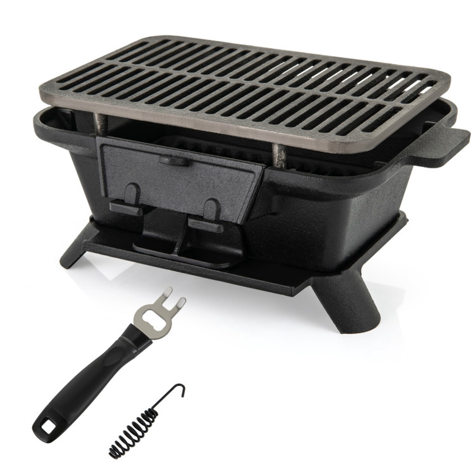 Biotree 100% Cast Iron Hibachi Charcoal Grill with Adjustable Height Grate and Grill Grate Lifter - Black