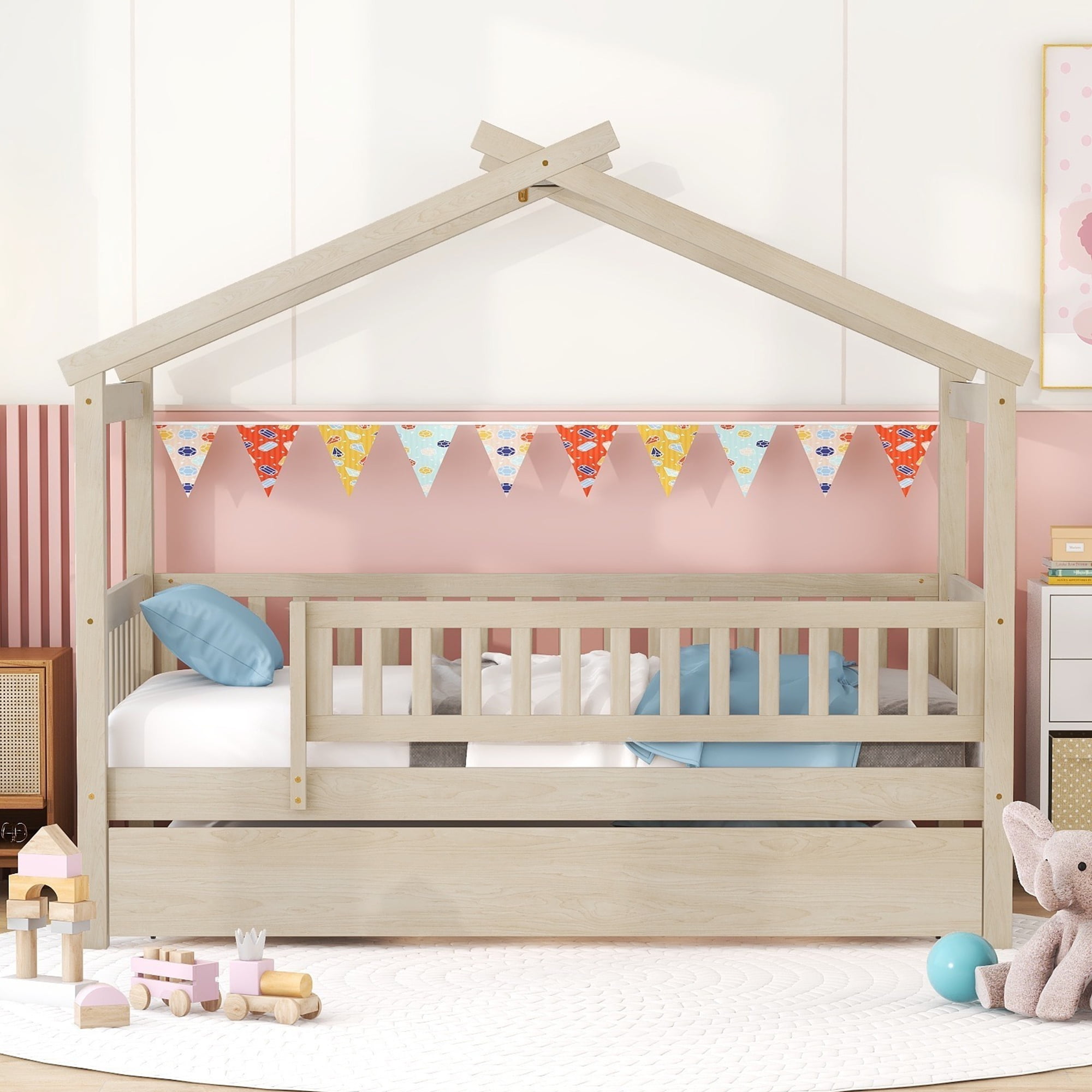 Holaki Twin Size Wood House Bed with Trundle and Guardrails for Kids, Natural