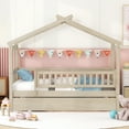 thumbnail image 3 of Holaki Twin Size Wood House Bed with Trundle and Guardrails for Kids, Natural, 3 of 7