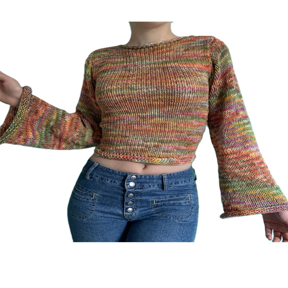 Femmes Pull Crop Top Y2k Tricot Crochet Pull Over Manches Longues