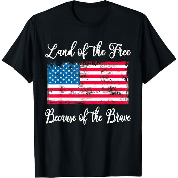 Land of the Free Because of the Brave Vintage American Flag T-ShirtMen and women, Black T-shirt, size: Extra large S-4XL