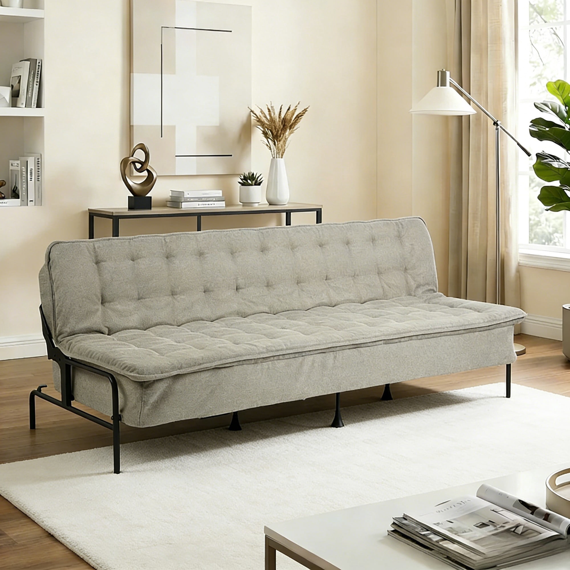 BSHTI 76" Linen Futon Sofa Bed – 3 Adjustable Backrest Angles, Convertible Couch, Metal Frame with Anti-Slip Feet, Space-Saving for Apartment Living Room Small Space，Gray