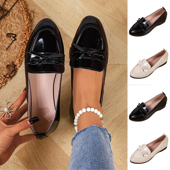 Women Patent Leather Bow Slip‑on Loafers, Round Toe Comfort Flat Shoes, Lightweight Non‑slip Sole Elegant Casual Dress Shoes