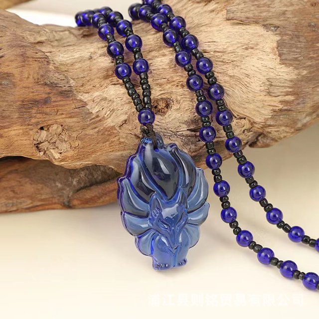 Colgante de zorro de cristal natural, collar de zorro de nueve colas de obsidiana, imitación de jade, cadena de suéter larga para hombre y mujer, combina con todo, otoño e invierno.