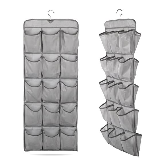 30 Pocket Dual Sided Hanging Shoe Organizer - Gray Closet Storage Rack with 360 Swivel Hook, Space Saving for Bedroom and Laundry Room