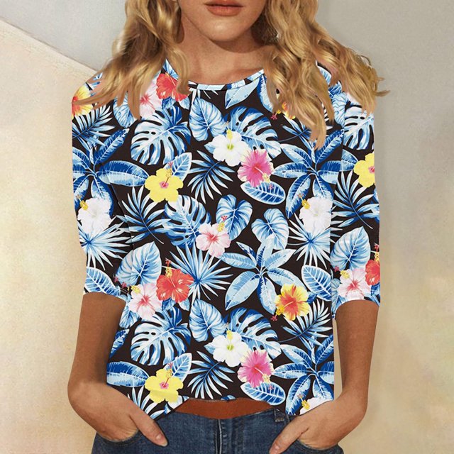 Chemises pour Femmes Habillées Décontractées, Chemises à Manches 3/4 pour Femmes, Tuniques à Manches Courtes Grande Taille pour Femmes, T-shirt à Manches 3/4 à Col Rond Imprimé Floral Boho Mode Décontractée pour Femmes