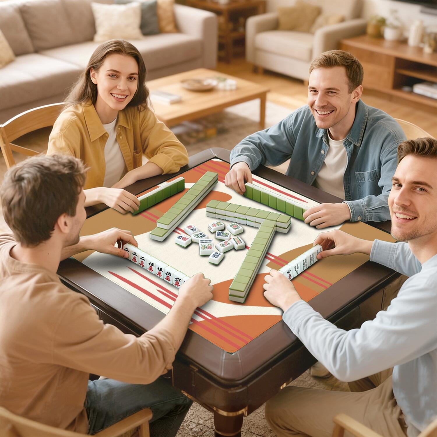 Boho Print Large Rubber Mahjong Mat 31.5 Inch Square Game Table Pad with Non-Slip Backing and Quiet Design for Playing Tiles Cards and Family Entertainment