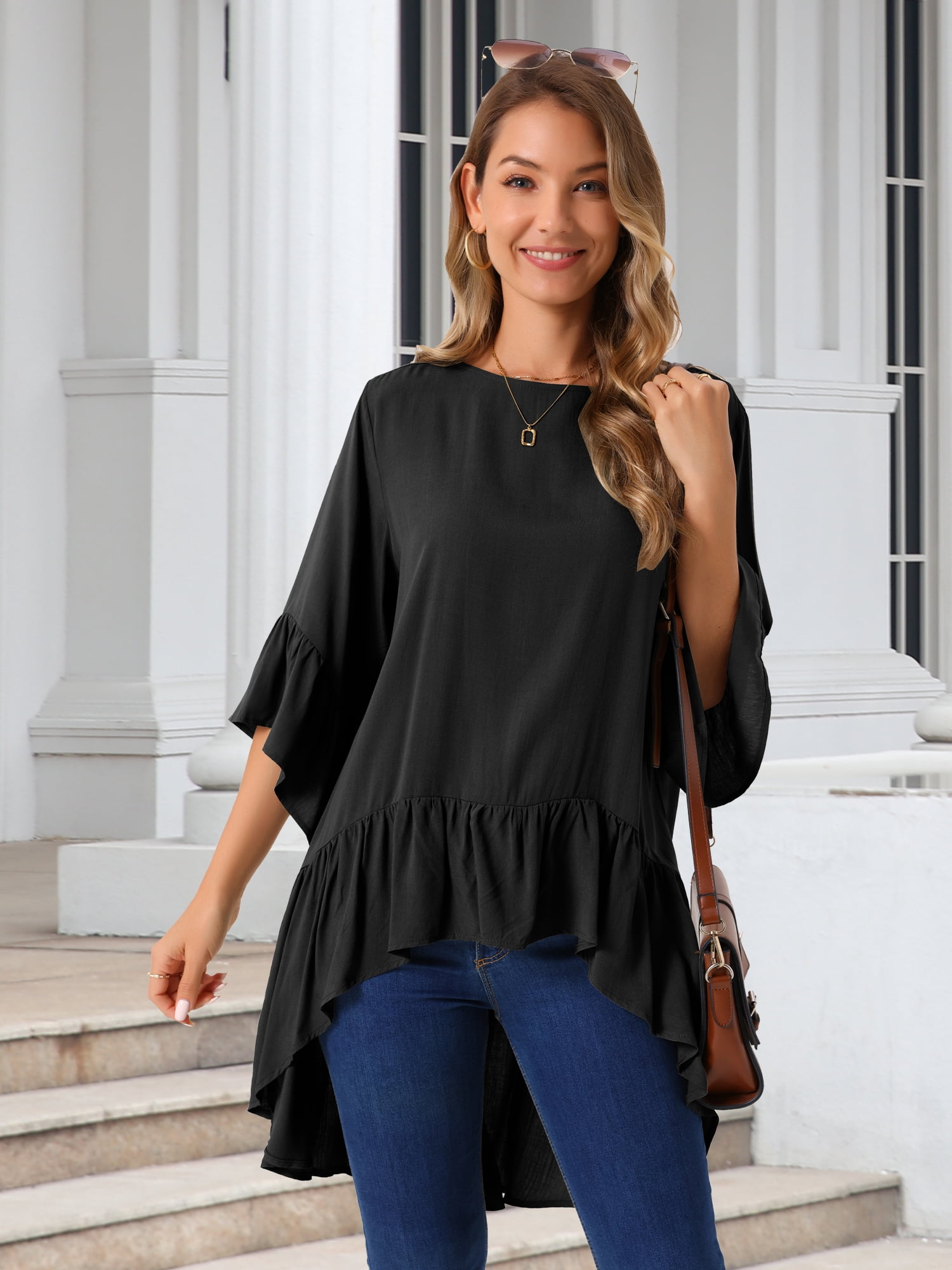 DARING DIVA Women's High Low Tops Bell Sleeve Crewneck Ruffle Blouse M Black