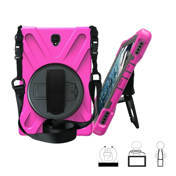 Galaxy Tab S4 10.5 Inch Case by KIQ Heavy Duty Shield Rotating Palmstrap Kickstand Shoulder Strap Tempered Glass Screen Protector for Samsung Galaxy Tab S4 10.5 T830 SM-T830 (2018) (Hot Pink)