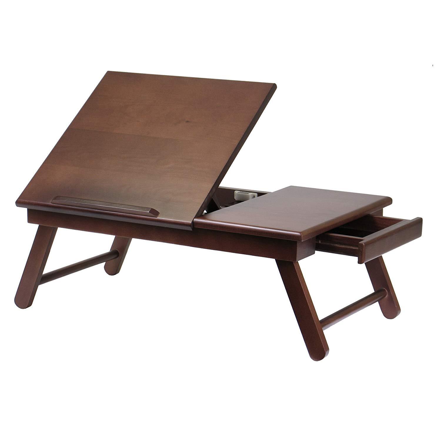 HomeStock Coastal Craftsman Alden Lap Desk, Flip Top With Drawer, Foldable Legs, Solid / Composite Wood, Walnut, 25.37"D x 13.78"W x 8.06"H
